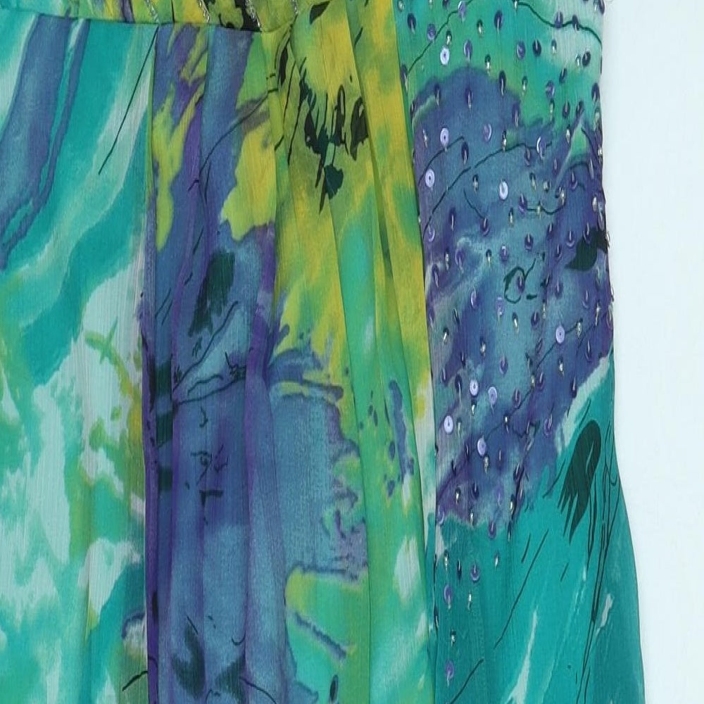 Marks and Spencer Womens Green Geometric Polyester Fit & Flare Size 16 V-Neck Zip