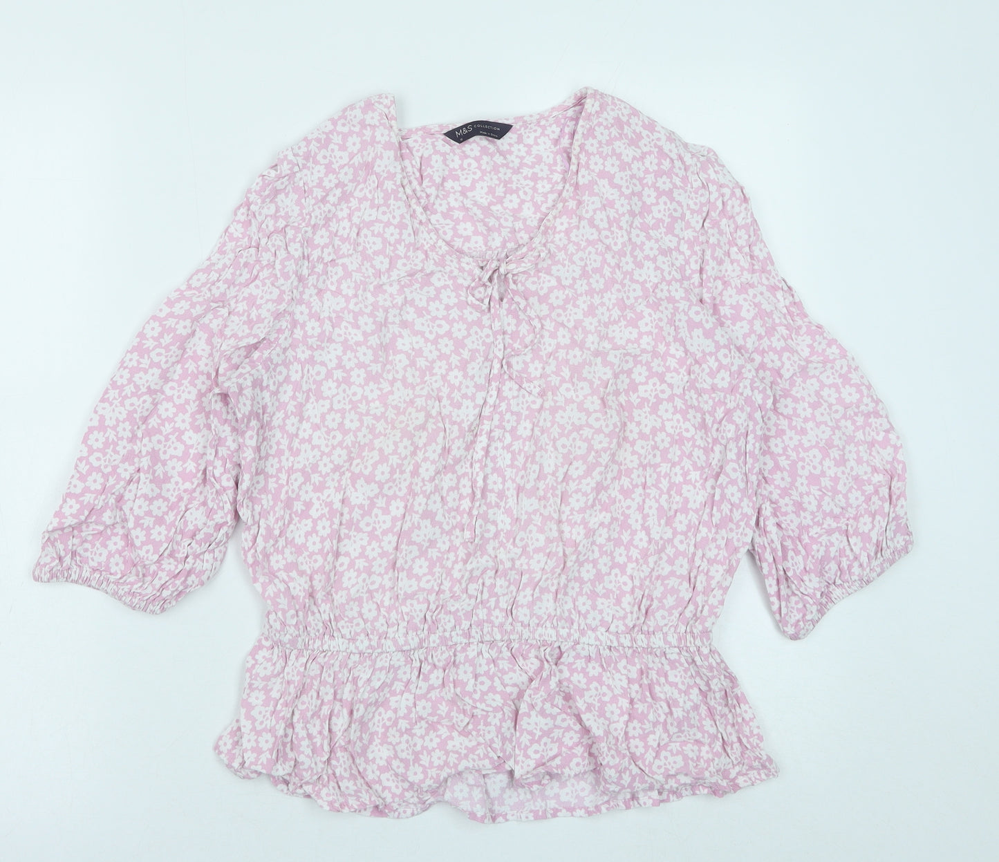 Marks and Spencer Womens Pink Floral Viscose Basic Blouse Size 12 Scoop Neck - Peplum