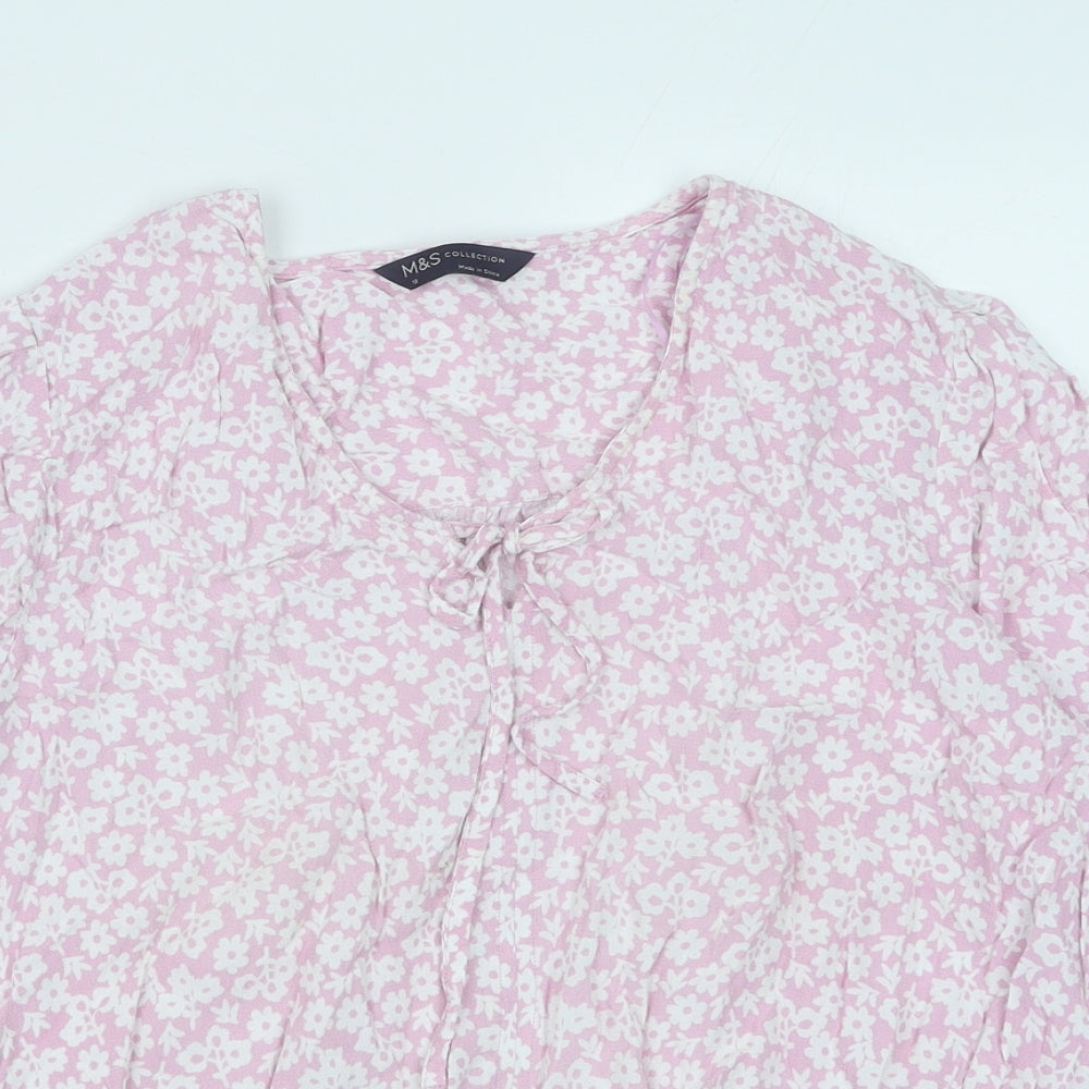 Marks and Spencer Womens Pink Floral Viscose Basic Blouse Size 12 Scoop Neck - Peplum