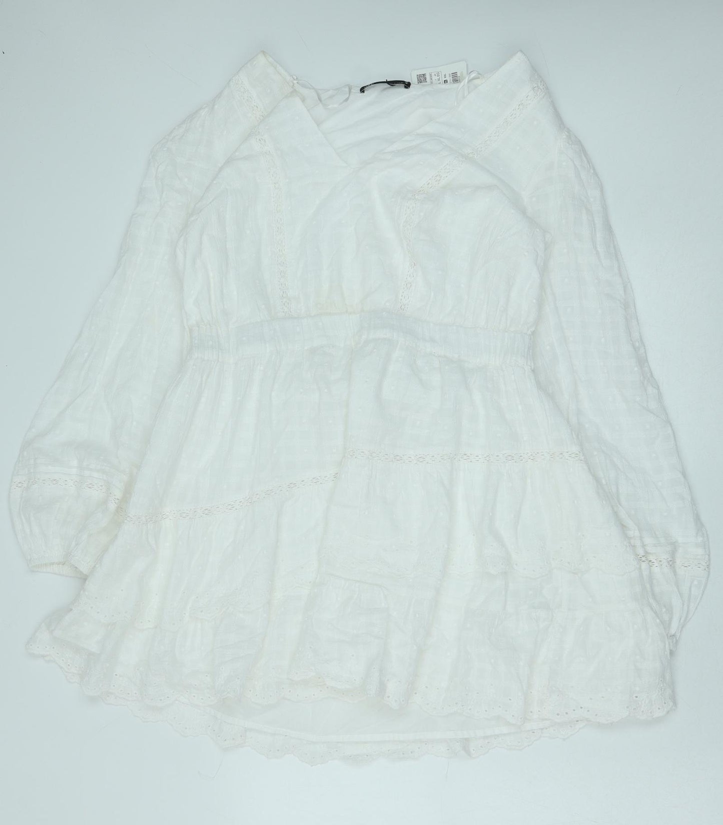 Zara Womens White Cotton Fit & Flare Size XL V-Neck Pullover