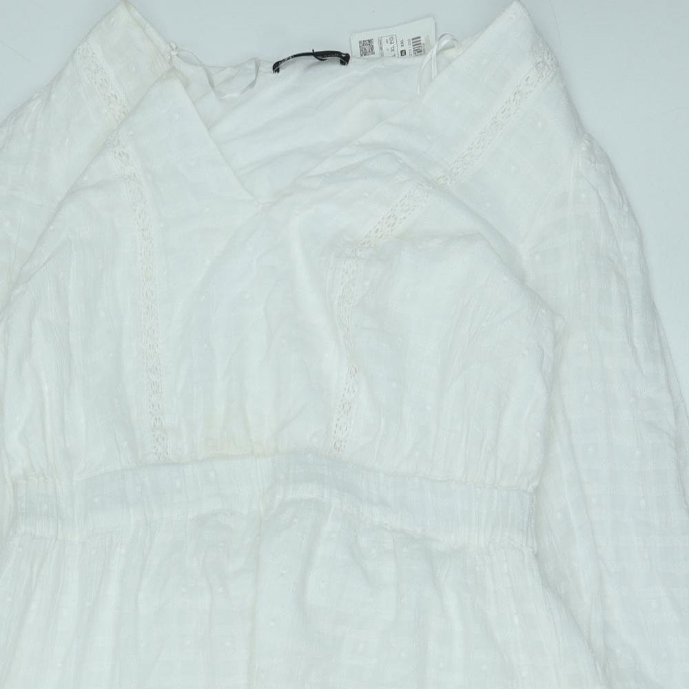 Zara Womens White Cotton Fit & Flare Size XL V-Neck Pullover