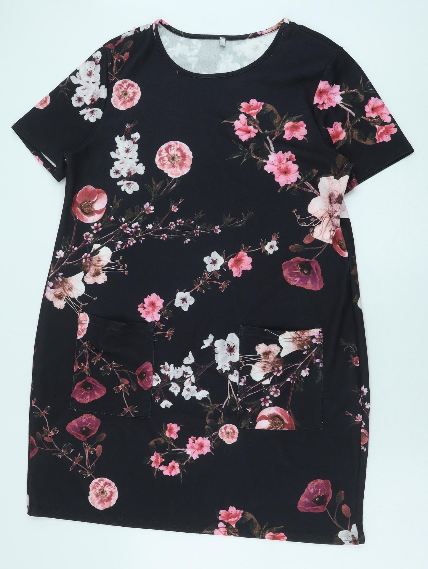 Preworn Womens Black Floral Polyester Shift Size 18 Boat Neck Pullover