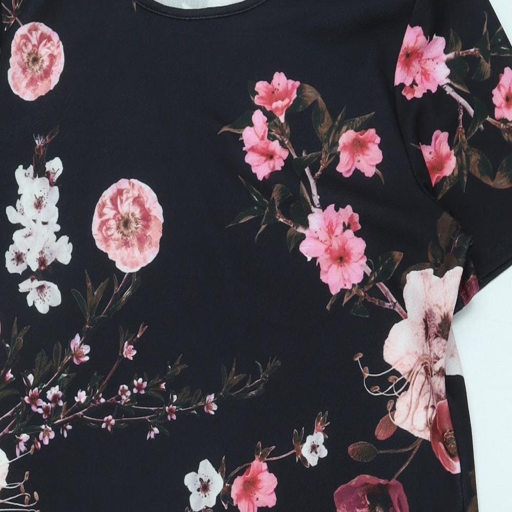 Preworn Womens Black Floral Polyester Shift Size 18 Boat Neck Pullover