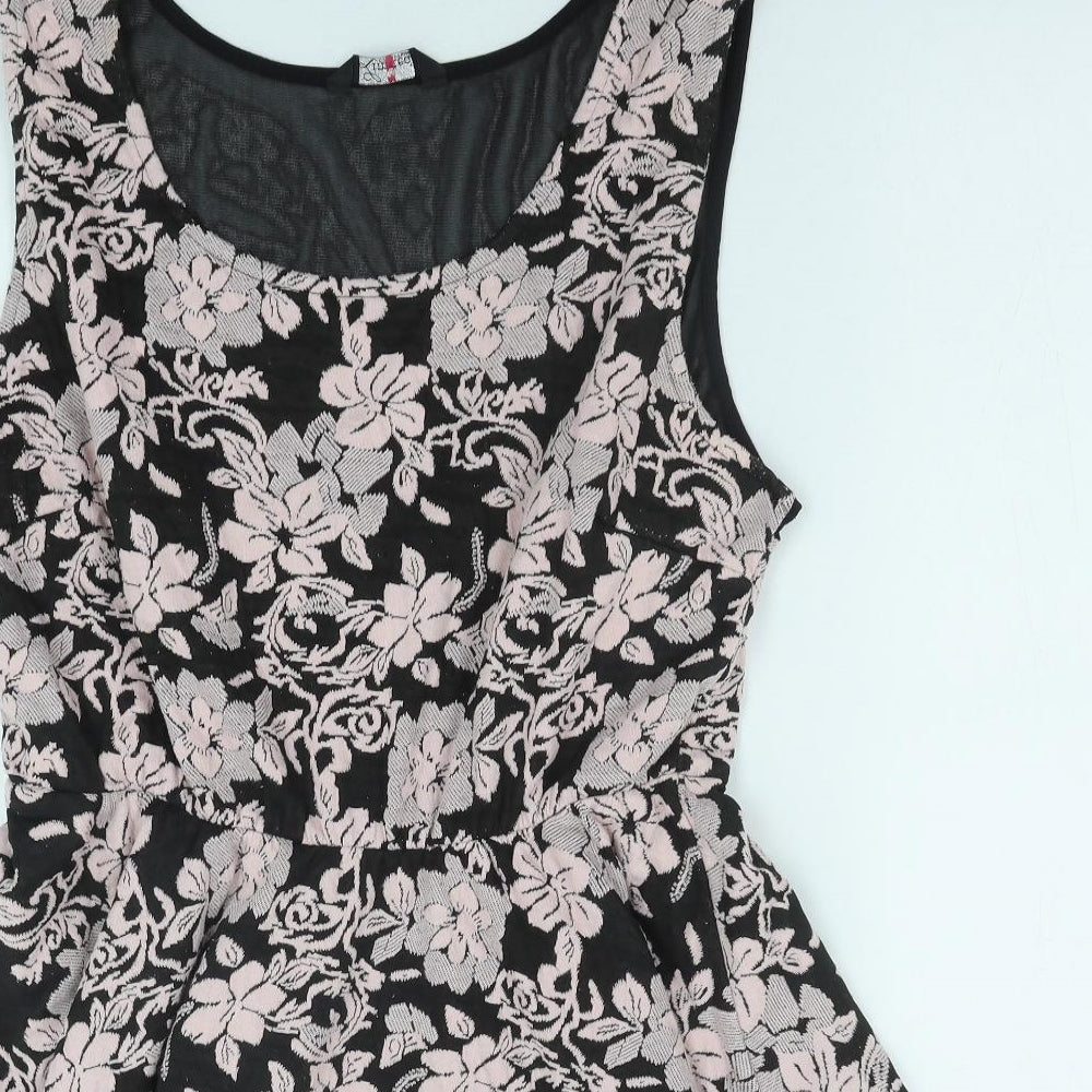 Yours Womens Black Floral Cotton Skater Dress Size 22 Boat Neck Pullover