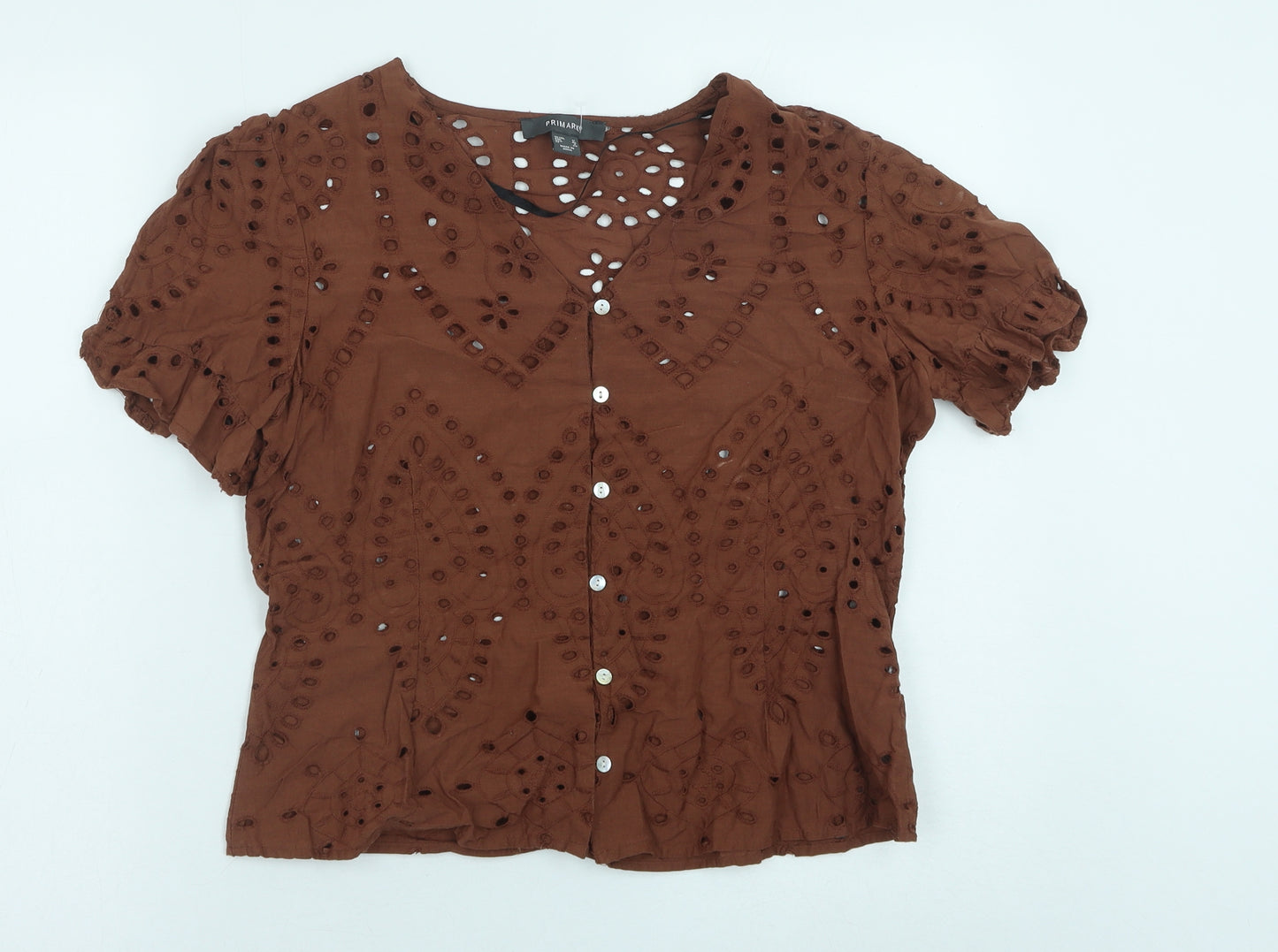 Primark Womens Brown Geometric Cotton Basic Button-Up Size 12 V-Neck