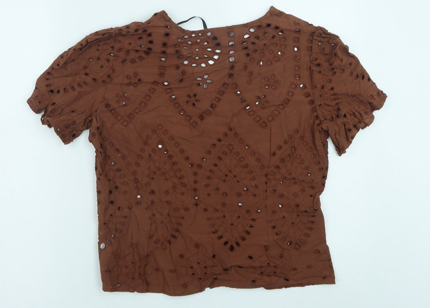 Primark Womens Brown Geometric Cotton Basic Button-Up Size 12 V-Neck