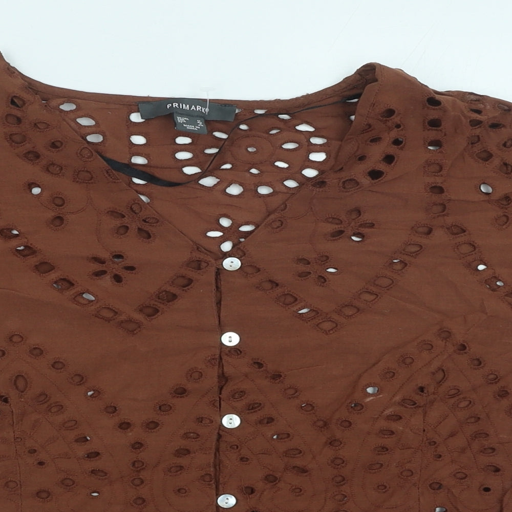 Primark Womens Brown Geometric Cotton Basic Button-Up Size 12 V-Neck