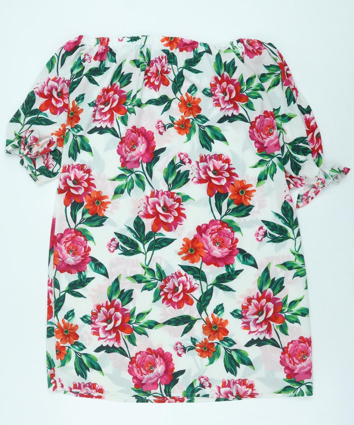 New Look Womens White Floral Polyester Mini Size 10 Off the Shoulder Tie