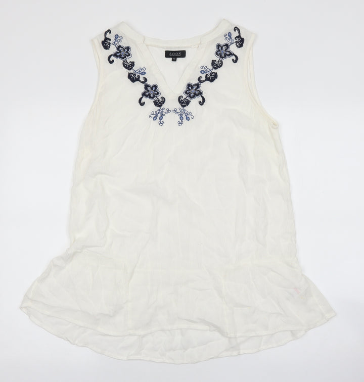 Soon Womens Silver Viscose Basic Tank Size 14 V-Neck - Flower embroidery detail