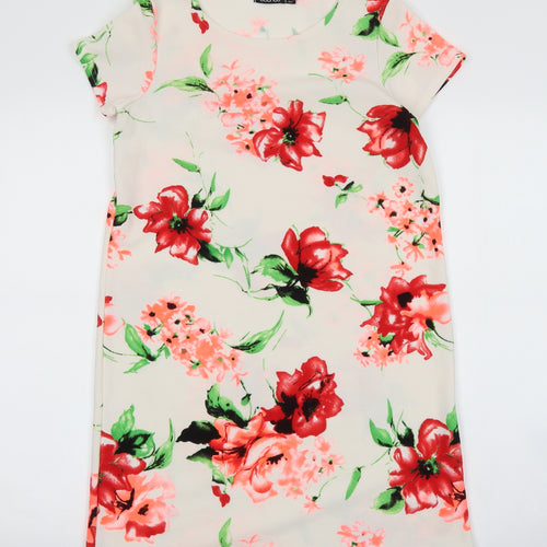 Boohoo Womens White Floral Polyester T-Shirt Dress Size 8 Boat Neck Pullover