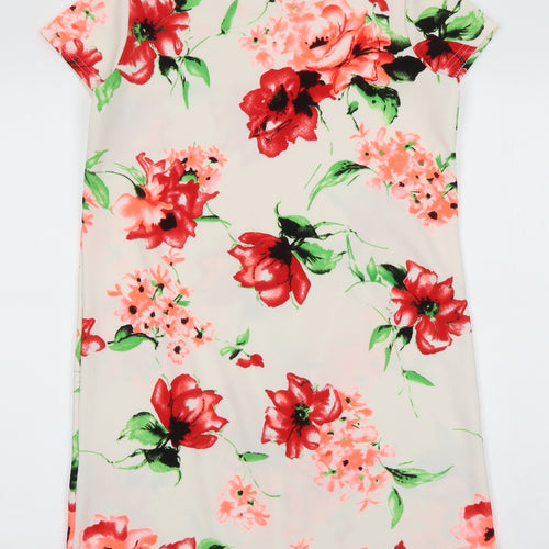 Boohoo Womens White Floral Polyester T-Shirt Dress Size 8 Boat Neck Pullover