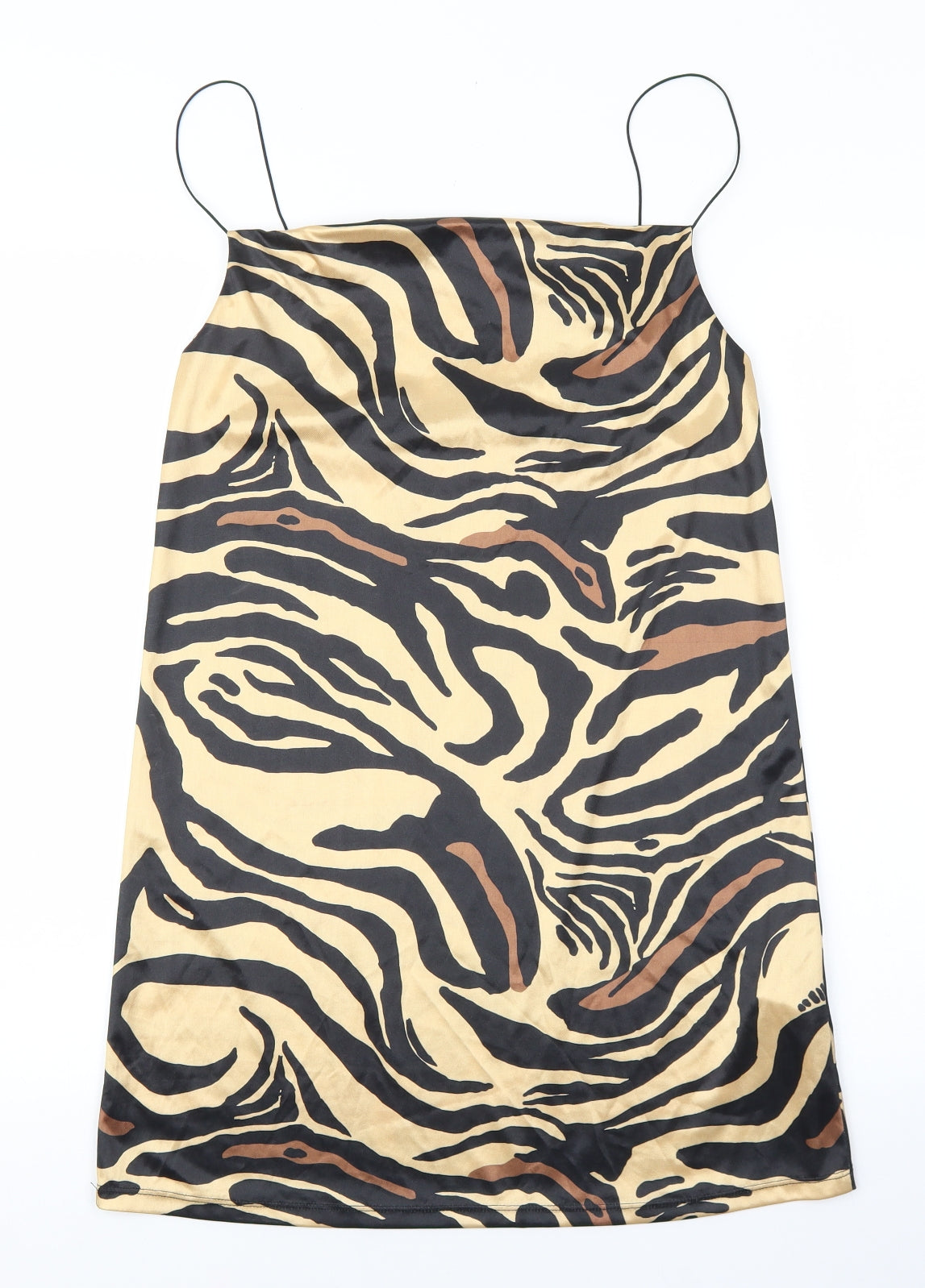 Zara Womens Gold Animal Print Polyester Slip Dress Size S Cowl Neck Pullover