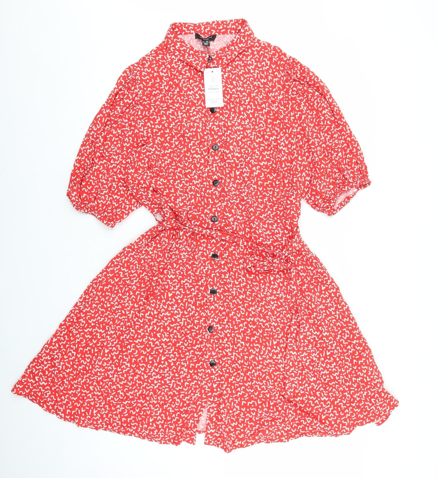 New Look Womens Red Geometric Viscose Shirt Dress Size 20 Collared Button
