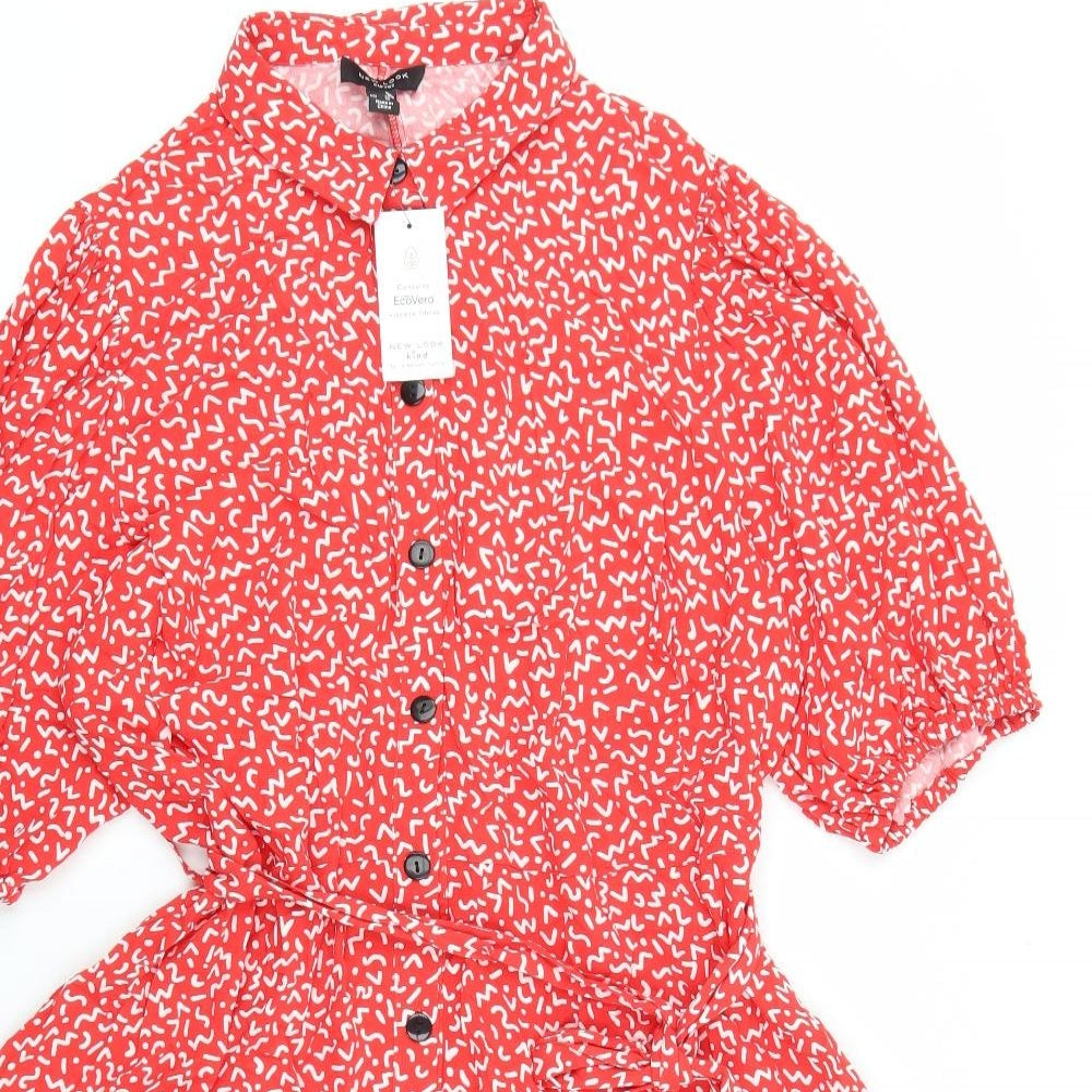 New Look Womens Red Geometric Viscose Shirt Dress Size 20 Collared Button