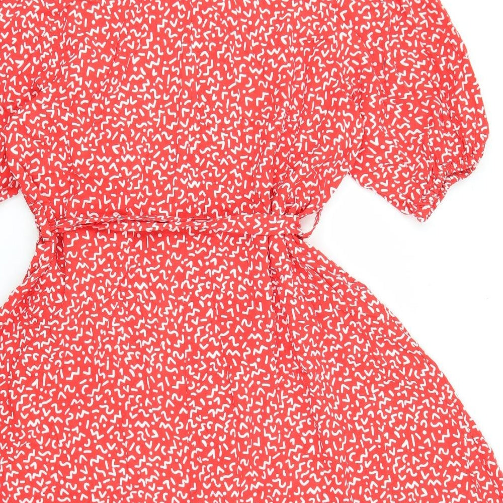 New Look Womens Red Geometric Viscose Shirt Dress Size 20 Collared Button