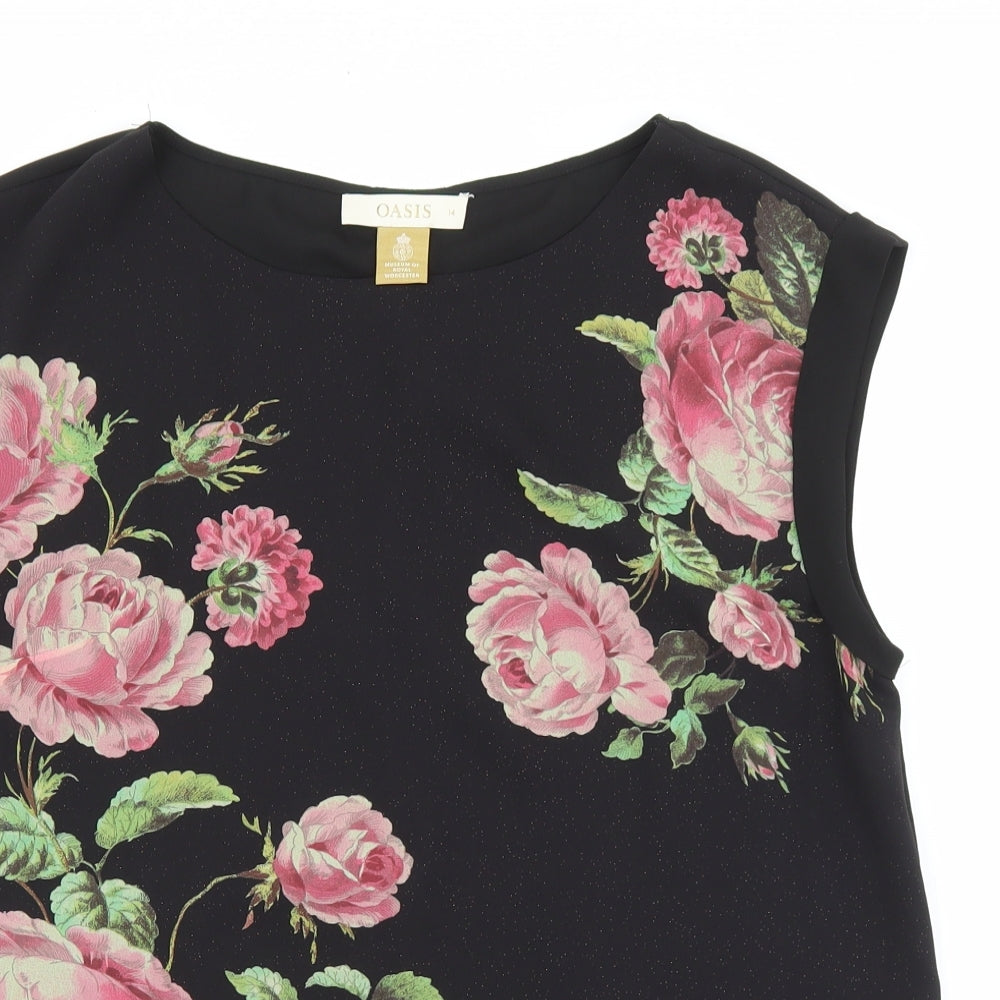 Oasis Womens Black Floral Polyester Basic Blouse Size 14 Round Neck