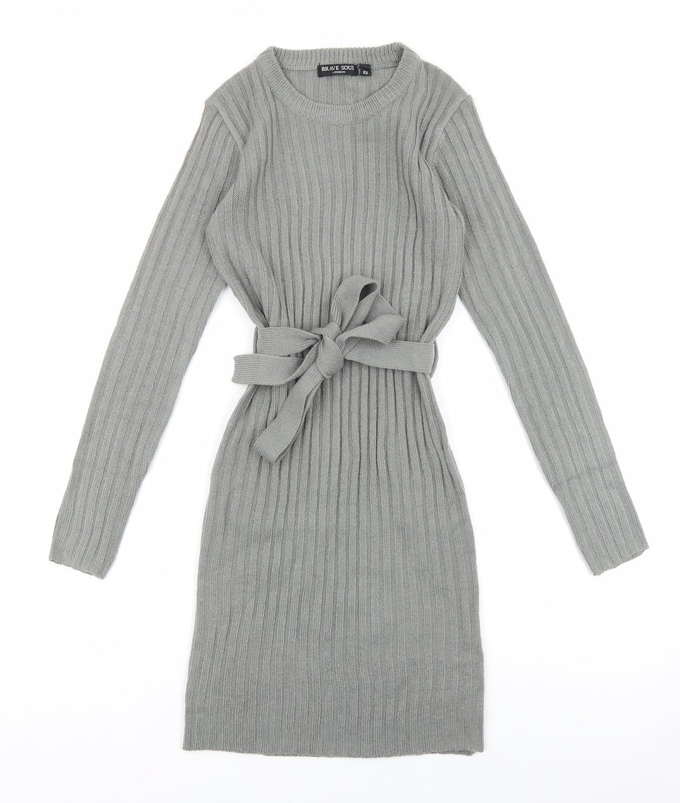 Brave Soul Womens Grey Acrylic Jumper Dress Size XS Round Neck Tie