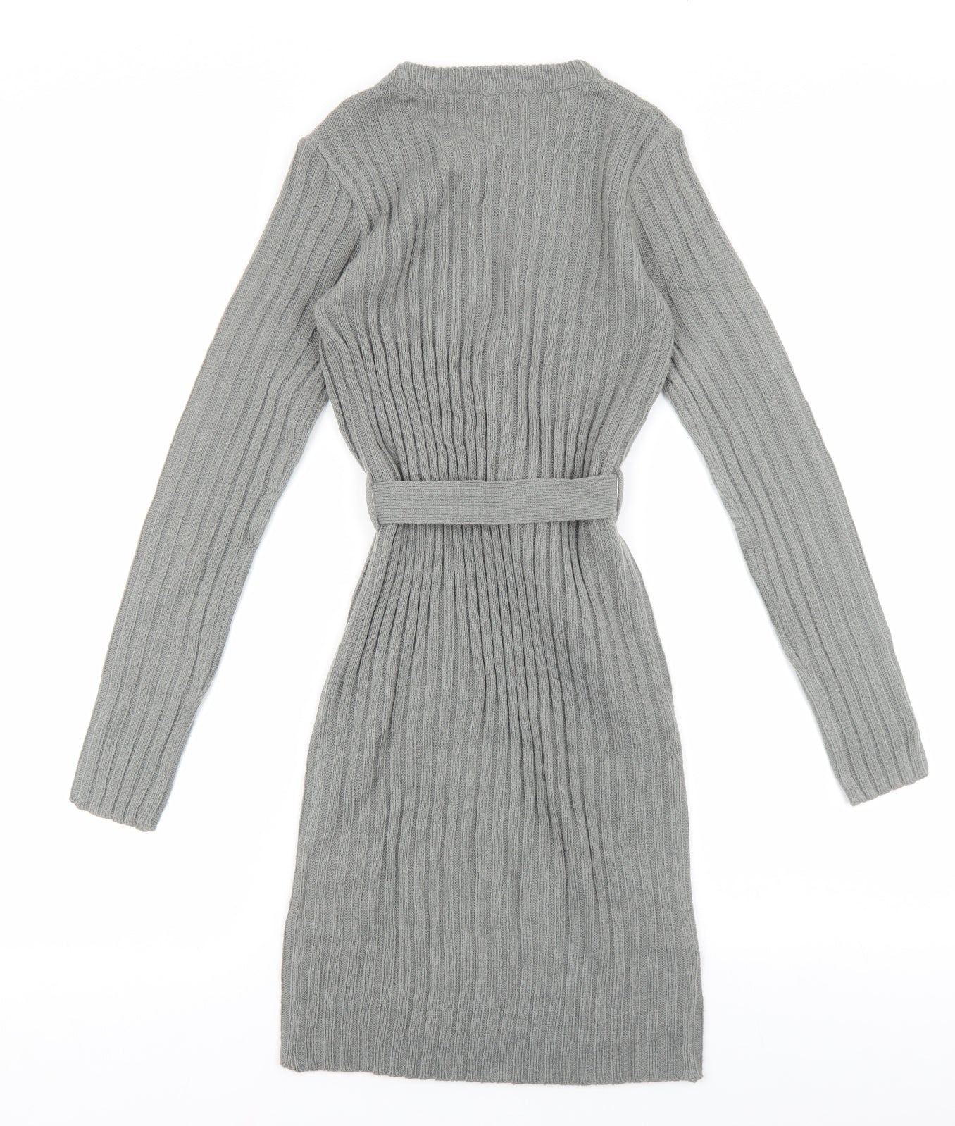 Brave Soul Womens Grey Acrylic Jumper Dress Size XS Round Neck Tie