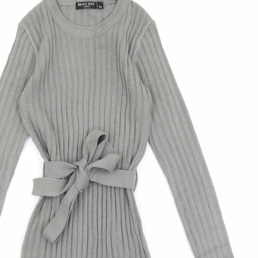 Brave Soul Womens Grey Acrylic Jumper Dress Size XS Round Neck Tie