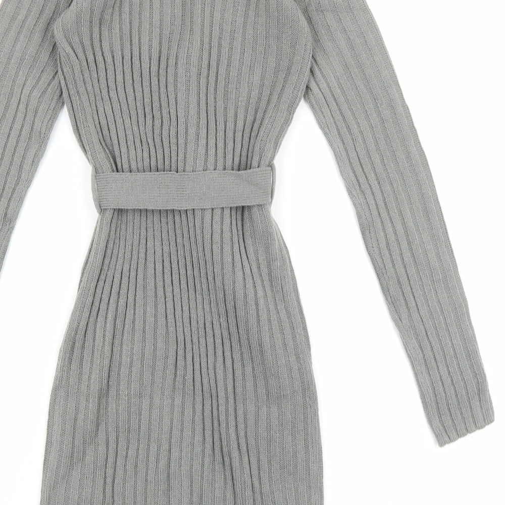 Brave Soul Womens Grey Acrylic Jumper Dress Size XS Round Neck Tie