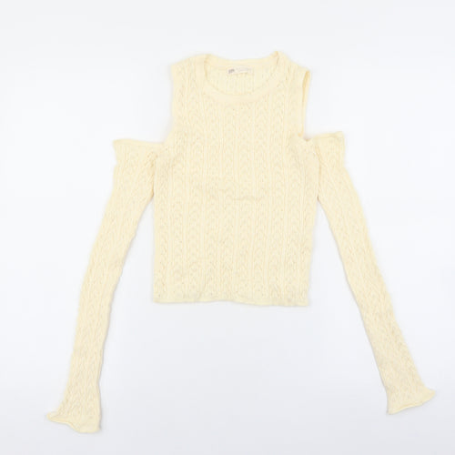 Stradivarius Womens Ivory Roll Neck Geometric Acrylic Pullover Jumper Size M - Cold Shoulder