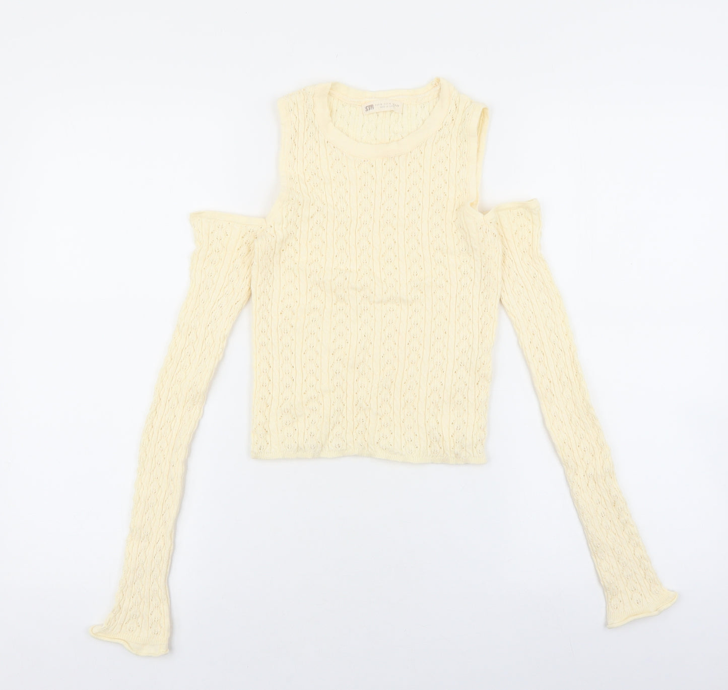 Stradivarius Womens Ivory Roll Neck Geometric Acrylic Pullover Jumper Size M - Cold Shoulder