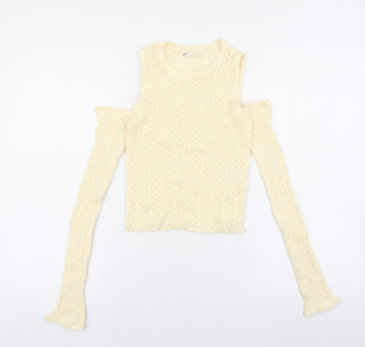 Stradivarius Womens Ivory Roll Neck Geometric Acrylic Pullover Jumper Size M - Cold Shoulder