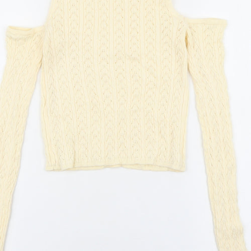 Stradivarius Womens Ivory Roll Neck Geometric Acrylic Pullover Jumper Size M - Cold Shoulder