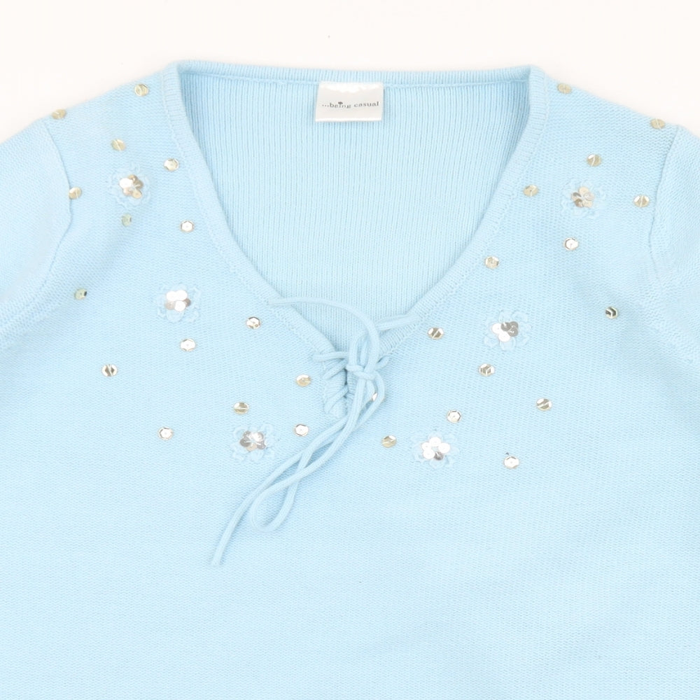 Being casual Womens Blue V-Neck Acrylic Pullover Jumper Size 12