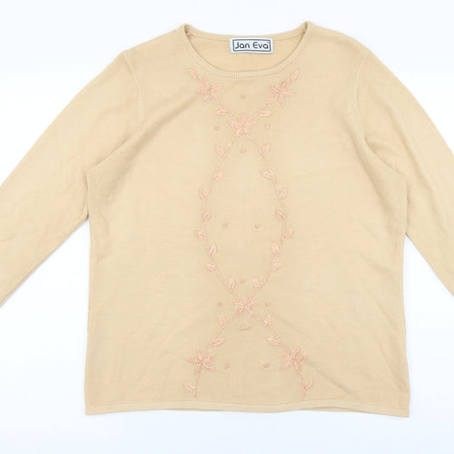 Jan Eva Womens Beige Round Neck Acrylic Pullover Jumper Size L - Flower Detail