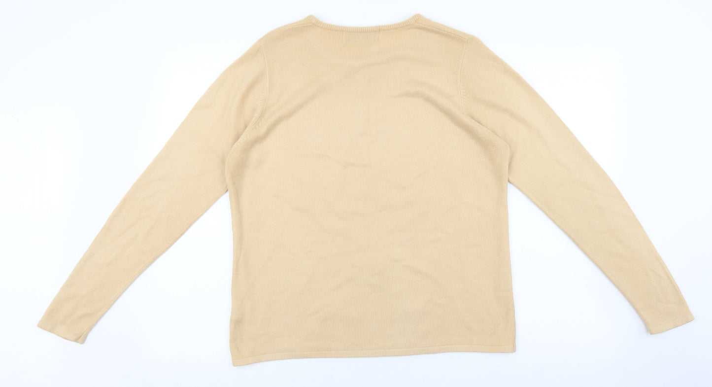 Jan Eva Womens Beige Round Neck Acrylic Pullover Jumper Size L - Flower Detail