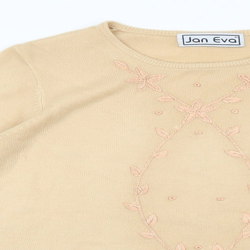 Jan Eva Womens Beige Round Neck Acrylic Pullover Jumper Size L - Flower Detail