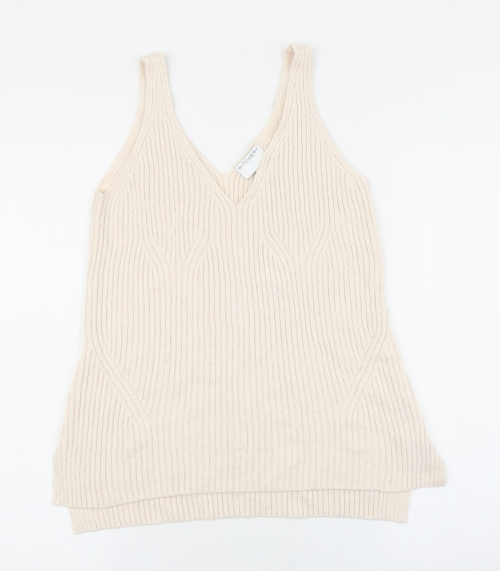 Witchery Womens Beige V-Neck Cotton Pullover Jumper Size S