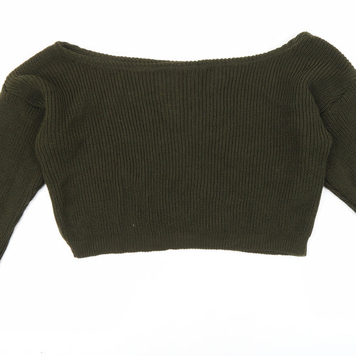 PRETTYLITTLETHING Womens Green Scoop Neck Acrylic Pullover Jumper Size S - Cropped