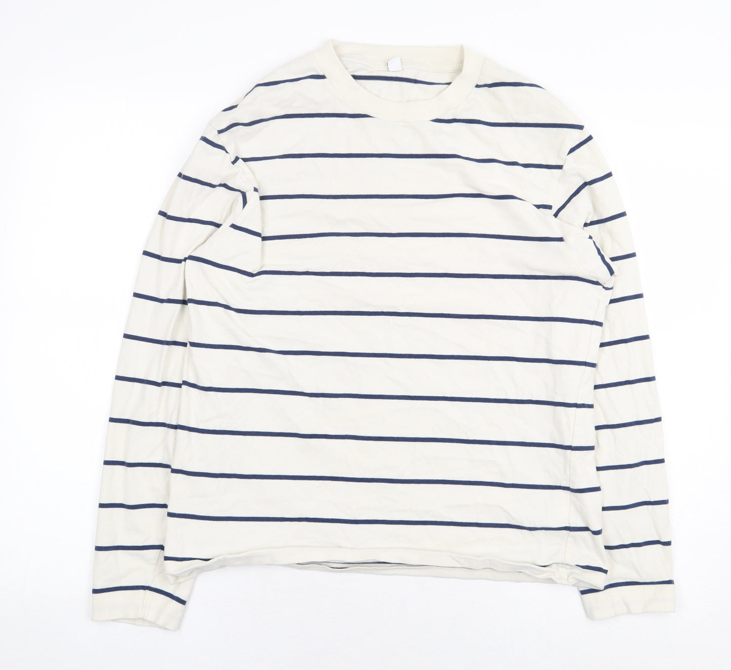 Uniqlo Womens White Striped 100% Cotton Basic T-Shirt Size S Round Neck