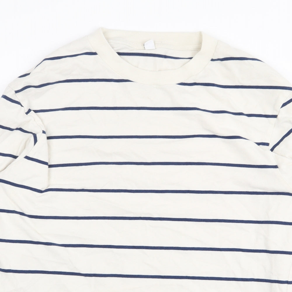 Uniqlo Womens White Striped 100% Cotton Basic T-Shirt Size S Round Neck