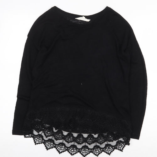 Debenhams Womens Black Herringbone Viscose Basic Blouse Size 10 Boat Neck - Lace Trim