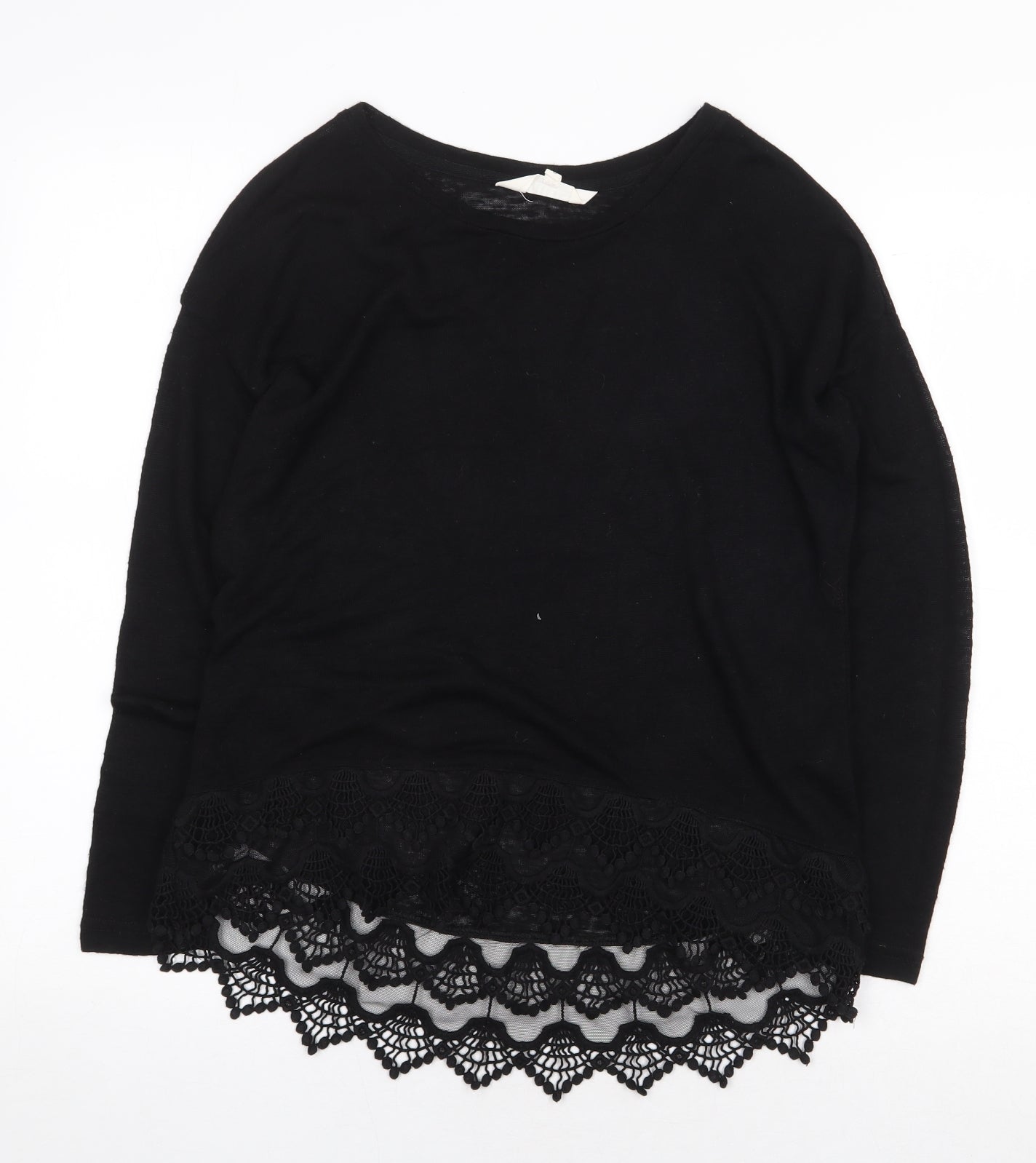 Debenhams Womens Black Herringbone Viscose Basic Blouse Size 10 Boat Neck - Lace Trim