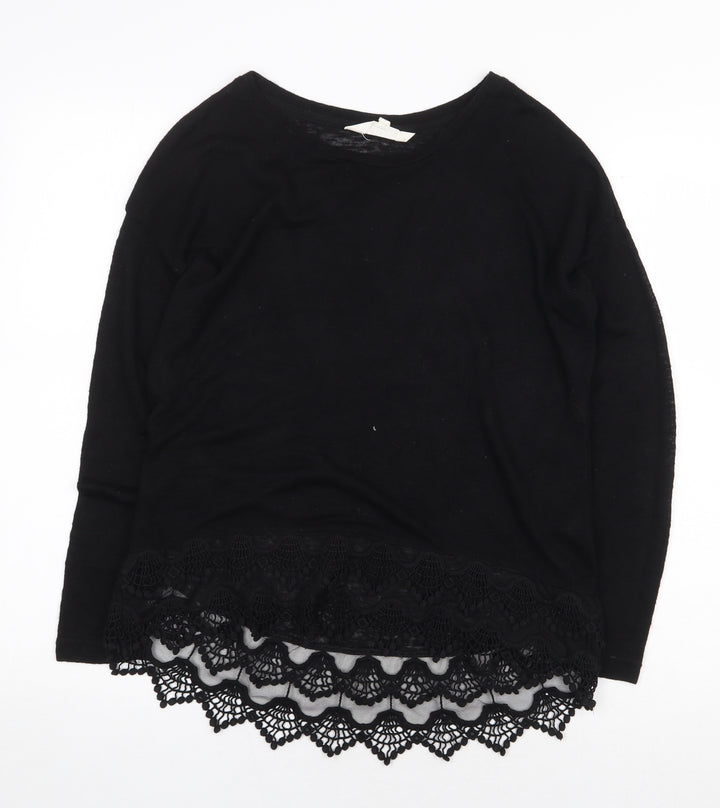 Debenhams Womens Black Herringbone Viscose Basic Blouse Size 10 Boat Neck - Lace Trim