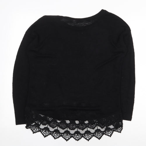 Debenhams Womens Black Herringbone Viscose Basic Blouse Size 10 Boat Neck - Lace Trim