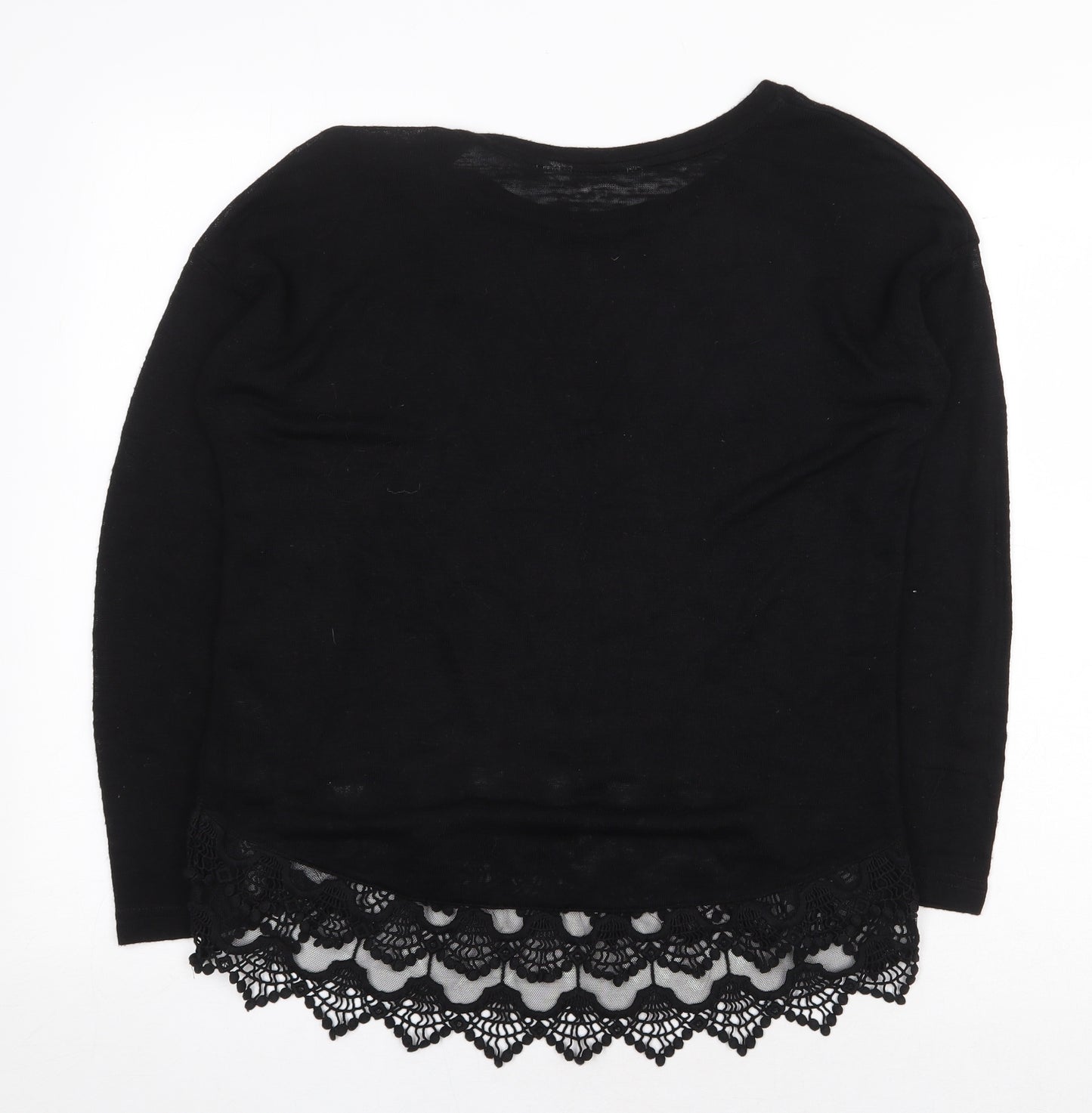 Debenhams Womens Black Herringbone Viscose Basic Blouse Size 10 Boat Neck - Lace Trim