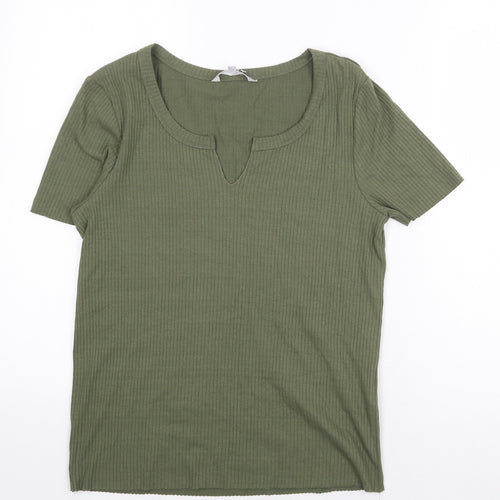 Red Herring Womens Green Cotton Basic T-Shirt Size 14 V-Neck - Ribbed