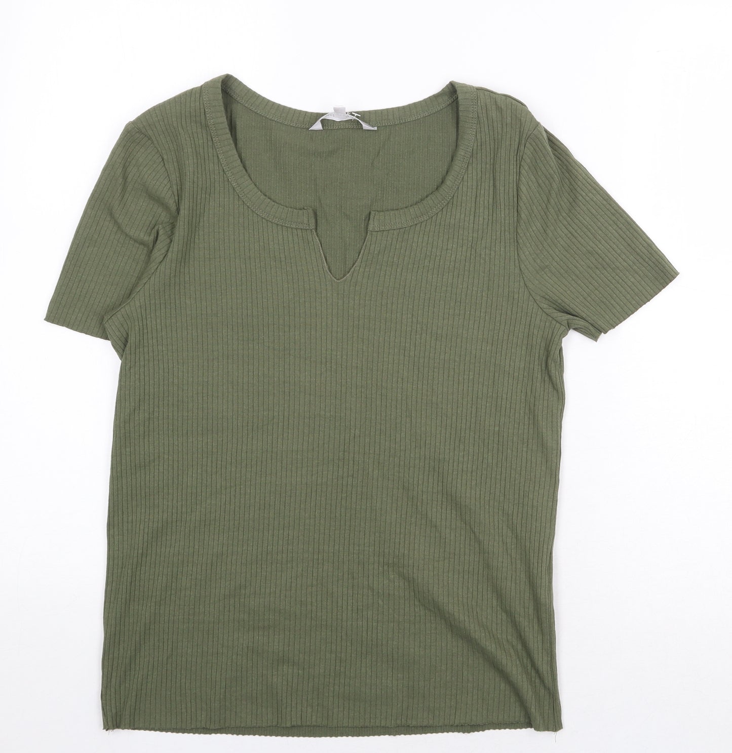 Red Herring Womens Green Cotton Basic T-Shirt Size 14 V-Neck - Ribbed