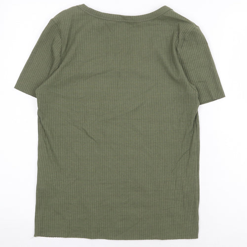 Red Herring Womens Green Cotton Basic T-Shirt Size 14 V-Neck - Ribbed
