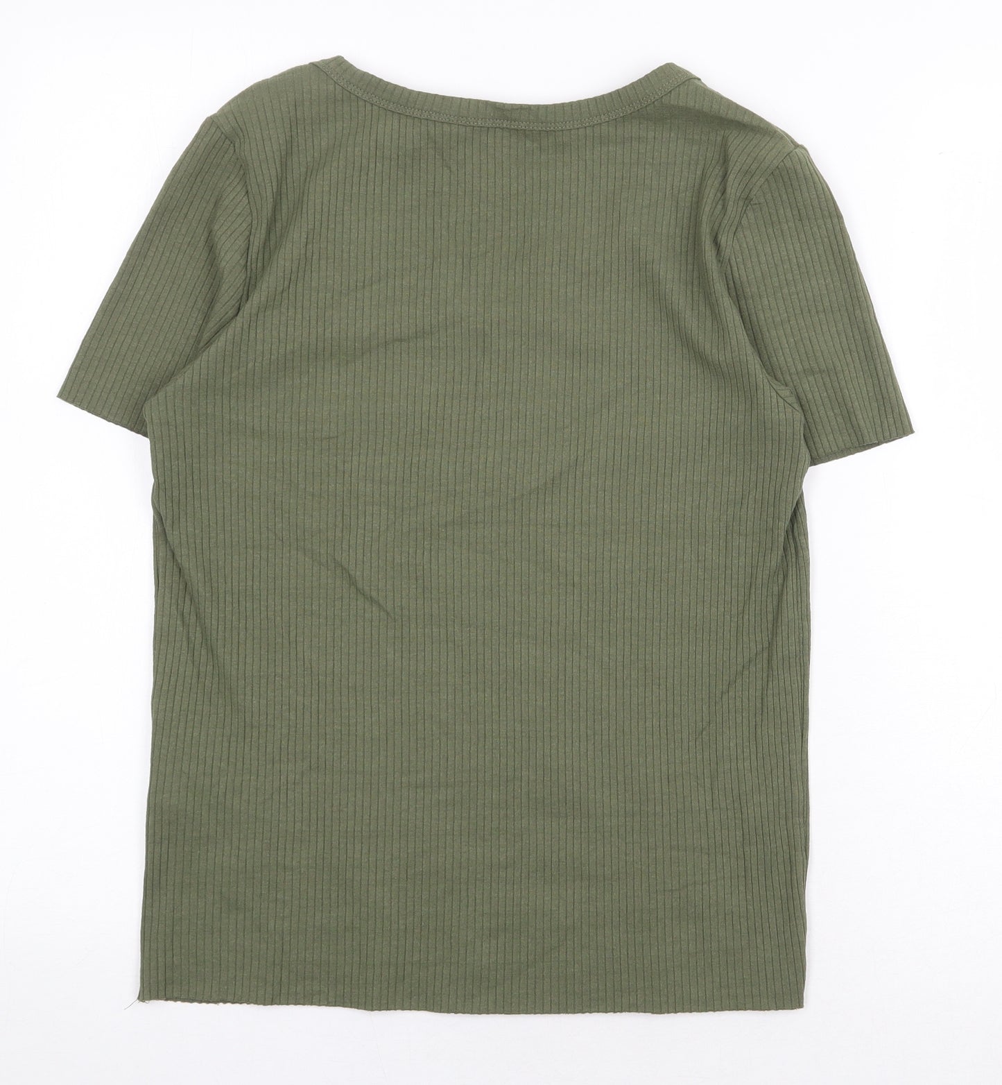 Red Herring Womens Green Cotton Basic T-Shirt Size 14 V-Neck - Ribbed