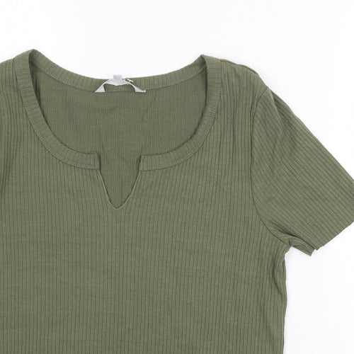 Red Herring Womens Green Cotton Basic T-Shirt Size 14 V-Neck - Ribbed