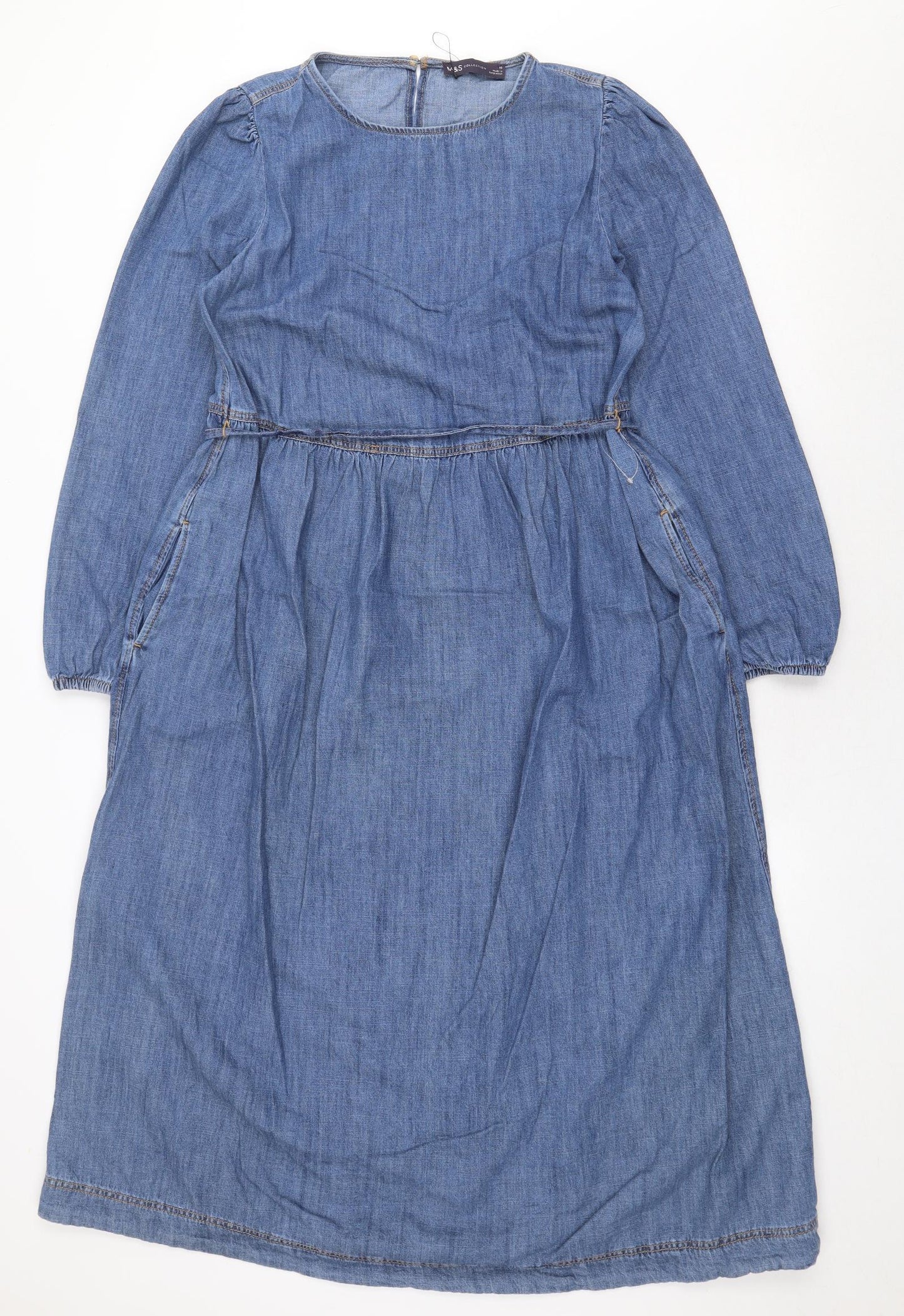 Marks and Spencer Womens Blue 100% Cotton A-Line Size 10 Round Neck Tie