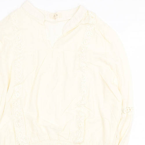 EM Womens Beige Viscose Basic Blouse Size L V-Neck - Shirred Bottom