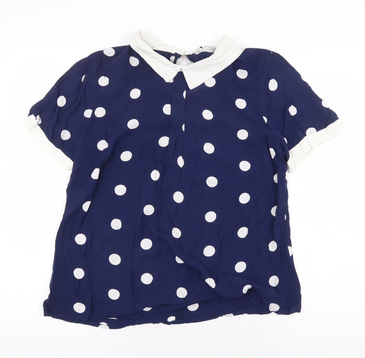 TU Womens Blue Polka Dot Polyester Basic T-Shirt Size 16 Round Neck - Collar detail