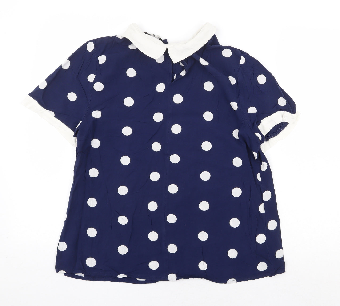 TU Womens Blue Polka Dot Polyester Basic T-Shirt Size 16 Round Neck - Collar detail